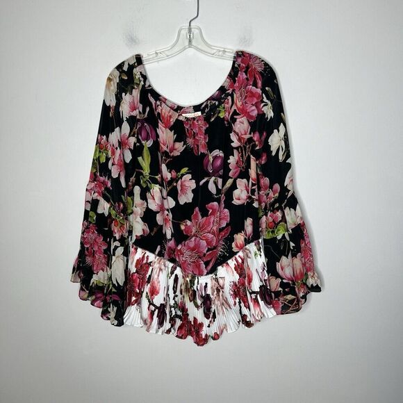 Rococo Sand Top Womens Large Floral Silk Pleated Boho Bell Sleeves Flowy Hippie - Picture 5 of 16